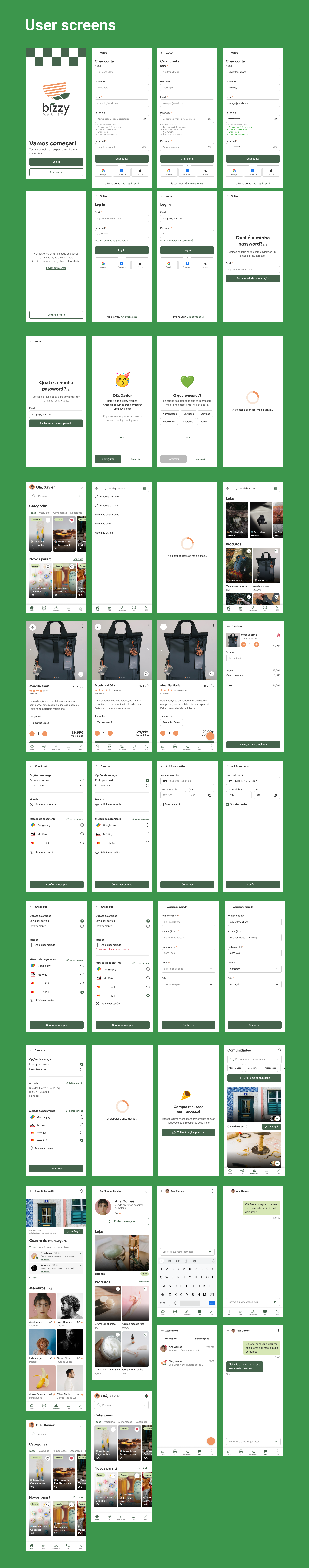 screens for the user flow
